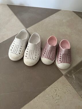 Native Shoes Kids Slip-On Water Shoes in White and Pink Glitter
